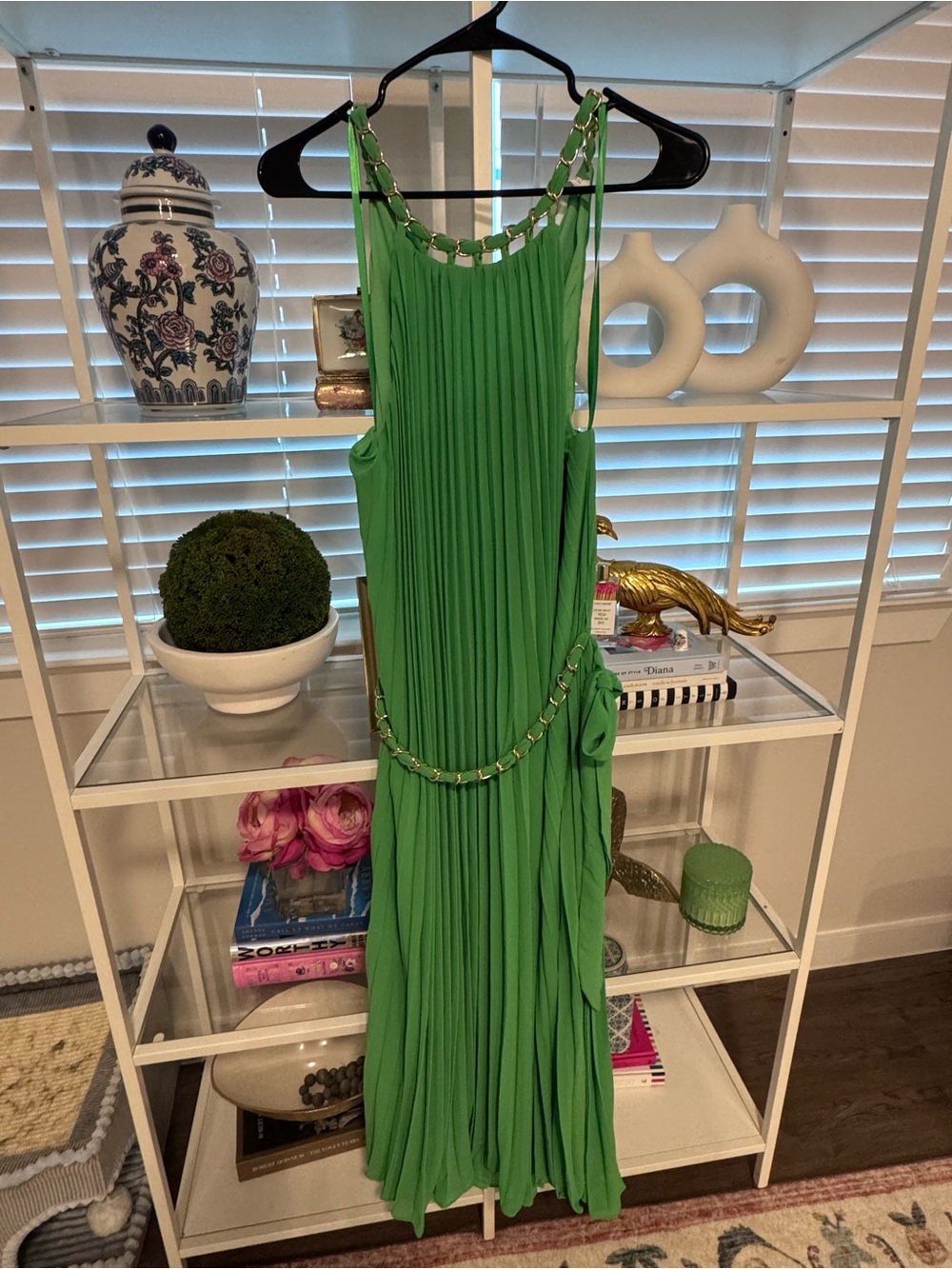Impressions Bright Green Pleated Midi Dress with Chain Trim